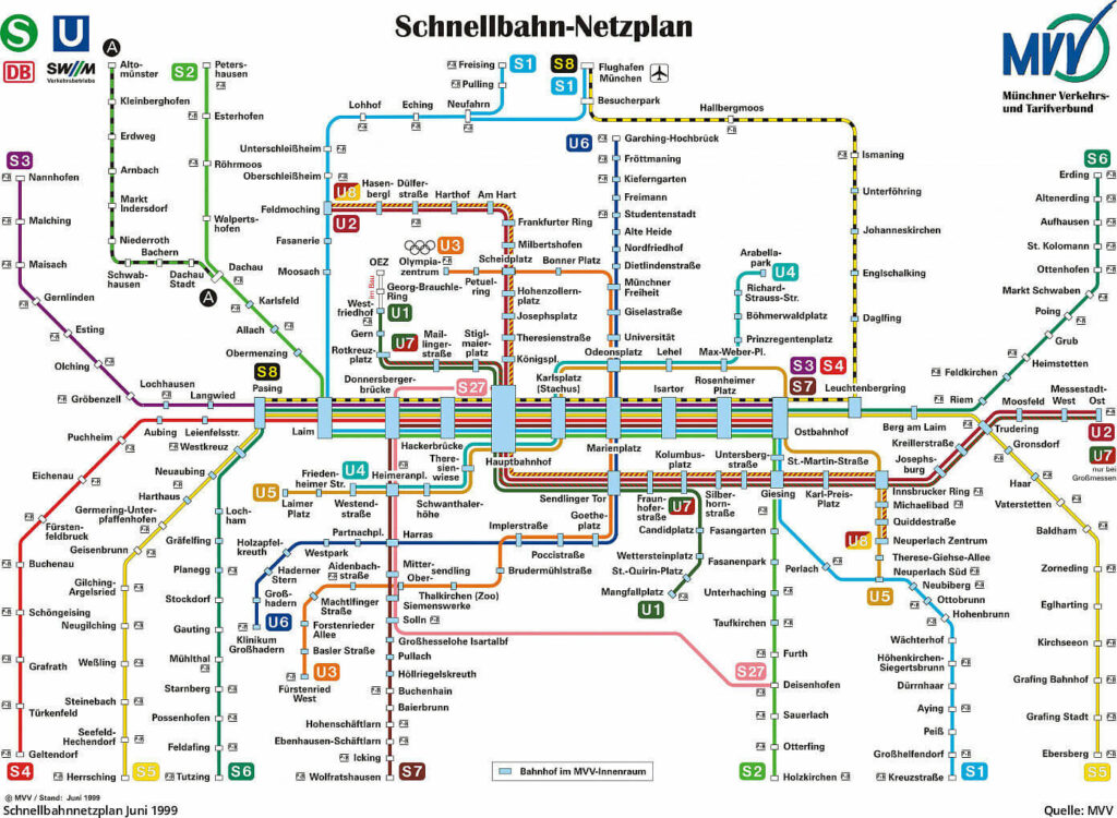 Transports à Munich: carte des métros (Ubhan) et Sbahn 